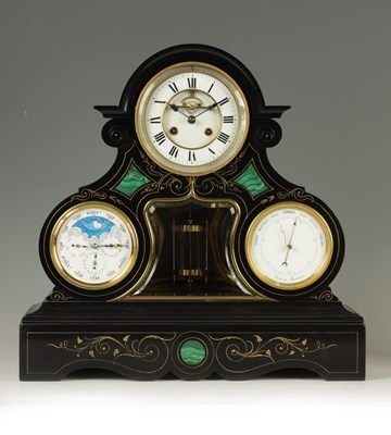 Lot 786 - A LATE 19TH CENTURY PERPETUAL CALENDAR BLACK MARBLE AND MALACHITE MANTEL CLOCK