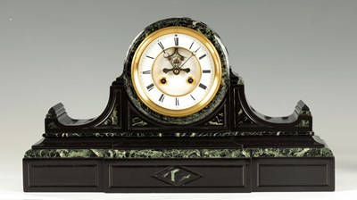 Lot 877 - A LATE 19TH CENTURY FRENCH VERDI ANTICO ND BLACK MARBLE MANTEL CLOCK