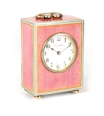 Lot 763 - CARTIER. AN EARLY 20TH CENTURY MINIATURE SWISS SILVER ENAMELLED BOUDOIR CARRIAGE CLOCK