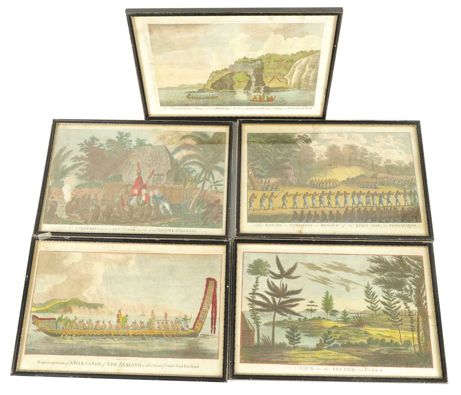 Lot 822 - A SET OF FIVE LATE 18TH/EARLY 19TH CENTURY HAND COLOURED COPPERPLATE CAPTAIN COOK ENGRAVINGS OF NEW ZEALAND