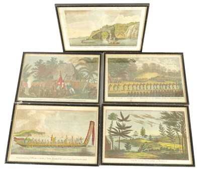 Lot A SET OF FIVE LATE 18TH/EARLY 19TH CENTURY HAND COLOURED COPPERPLATE CAPTAIN COOK ENGRAVINGS OF NEW ZEALAND