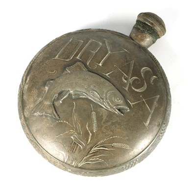 Lot 586 - A LATE 19TH CENTURY NOVELTY PEWTER HIP FLASK OF FISHING INTEREST