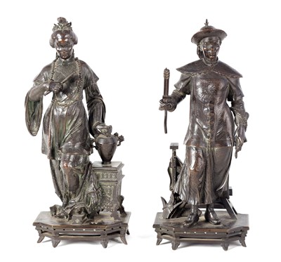 Lot 522 - FRANCOIS WILLEME. A PAIR OF FRENCH FIGURAL PATINATED BRONZE SCULPTURES