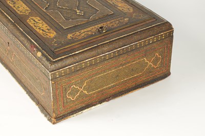 Lot 92 - A FINE 18TH CENTURY INDIAN MOSAIC, IVORY, MOTHER OF PEARL AND METALWORK INLAID BOX WITH ISLAMIC SCRIPT TO THE TOP