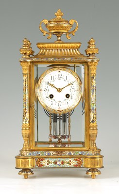 Lot 837 - A LATE 19TH CENTURY FRENCH ORMOLU AND CHAMPLEVE ENAMEL FOUR-GLASS MANTEL CLOCK