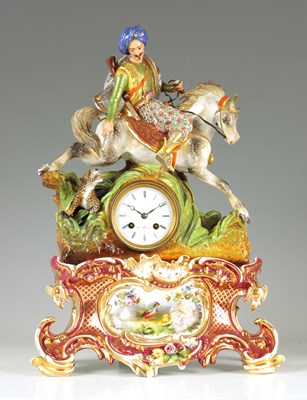 Lot 840 - A LATE 19TH CENTURY DRESDEN TYPE PORCELAIN  FIGURAL MANTEL CLOCK ON STAND