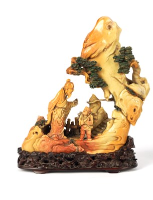 Lot 139 - A FINLEY CARVED 19TH CENTURY CHINESE SOAPSTONE SCULPTURE ON HARDWOOD BASE