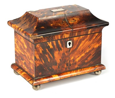 Lot 671 - AN EARLY 19TH CENTURY BLONDE TORTOISESHELL TEA CADDY