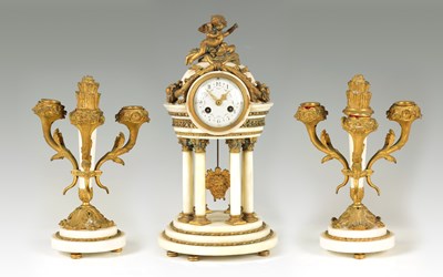 Lot 820 - A 19TH CENTURY FRENCH THREE PIECE CLOCK GARNITURE