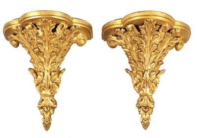 Lot 1116 - A PAIR OF 18TH CENTURY FRENCH GILT WOOD HANGING BRACKETS