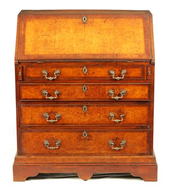 Lot 1073 - AN EARLY 18TH CENTURY BURR ELM AND WALNUT CROSSBANDED BUREAU