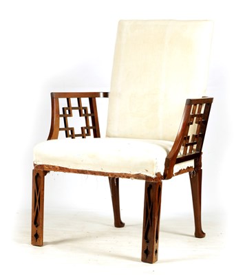 Lot 1063 - A 19TH CENTURY CHIPPENDALE STYLE UPHOLSTERED MAHOGANY ARMCHAIR