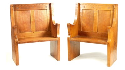 Lot 696 - A PAIR OF MID 20TH CENTURY ROBERT 'MOUSEMAN' THOMPSON 'CORONATION' OAK HALL BENCHES