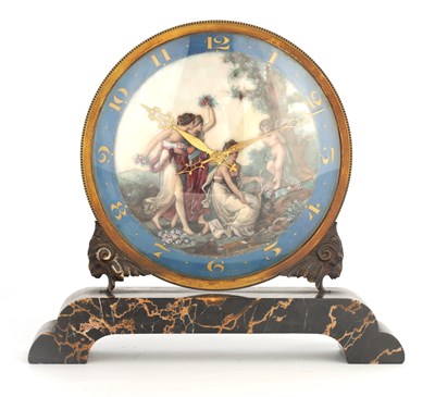 Lot 904 - AN ART DECO GILT BRONZE, ENAMEL AND NERO PORTORO MARBLE MANTEL CLOCK