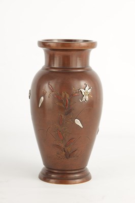 Lot 187 - A JAPANESE MEIJI PERIOD PATINATED BRONZE AND MIXED METAL VASE