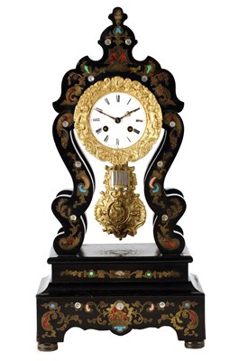 Lot 947 - A 19TH CENTURY FRENCH EBONISED BRASS AND TORTOISESHELL INLAID MANTEL CLOCK