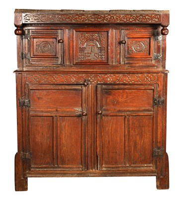 Lot 1041 - A 17TH CENTURY CARVED OAK DUDARN/COURT CUPBOARD OF SMALL SIZE