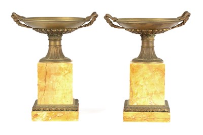 Lot 521 - A PAIR OF FRENCH SIENNA MARBLE AND ORMOLU MOUNTED TAZZE