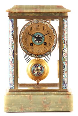 Lot 925 - A LATE 19TH CENTURY FRENCH ONYX, BRASS AND CHAMPLEVE ENAMEL MANTEL CLOCK