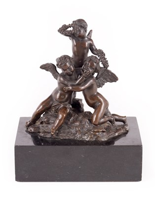 Lot 554 - A 19TH CENTURY BRONZE SCULPTURE OF THREE CHERUBS