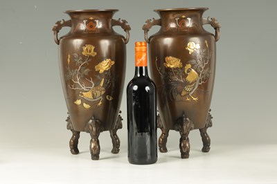 Lot 108 - A FINE PAIR OF MEIJI PERIOD BRONZE AND MIXED METAL COCKEREL VASES