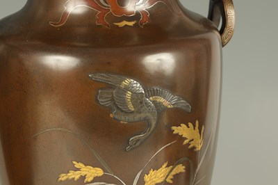 Lot 108 - A FINE PAIR OF MEIJI PERIOD BRONZE AND MIXED METAL COCKEREL VASES