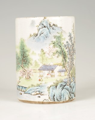 Lot 112 - A CHINESE QING DYNASTY FAMILLE VERT PORCELAIN BRUSH POT