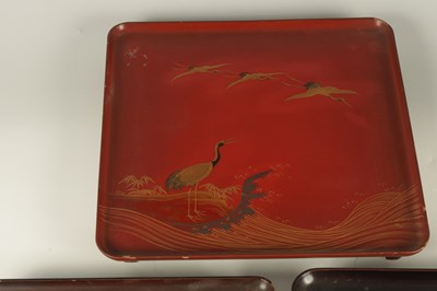Lot 218 - A GROUP OF THREE LATE 19TH CENTURY JAPANESE COLOURED LACQUERWORK SQUARE TRAYS