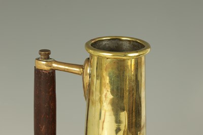 Lot 108 - A 19TH CENTURY SEAMED TAPERING CYLINDRICAL BRASS ALE WARMER 29.5cm high