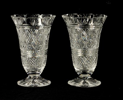 Lot 252 - A GOOD PAIR OF WATERFORD CUT CRYSTAL TRUMPET-SHAPED FOOTED VASES
