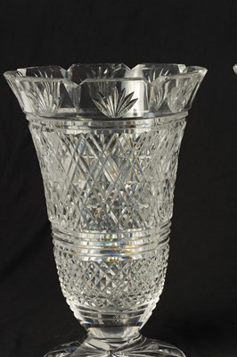 Lot 13 - A GOOD PAIR OF WATERFORD CUT CRYSTAL TRUMPET-SHAPED FOOTED VASES