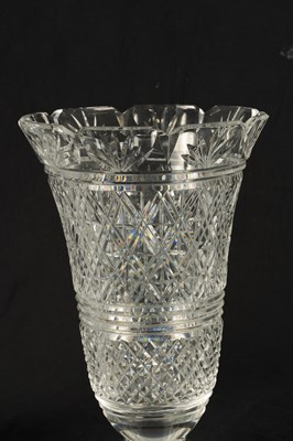 Lot 13 - A GOOD PAIR OF WATERFORD CUT CRYSTAL TRUMPET-SHAPED FOOTED VASES