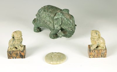 Lot 122 - A 20TH CENTURY LARGE CARVED SPINACH GREEN JADE ELEPHANT