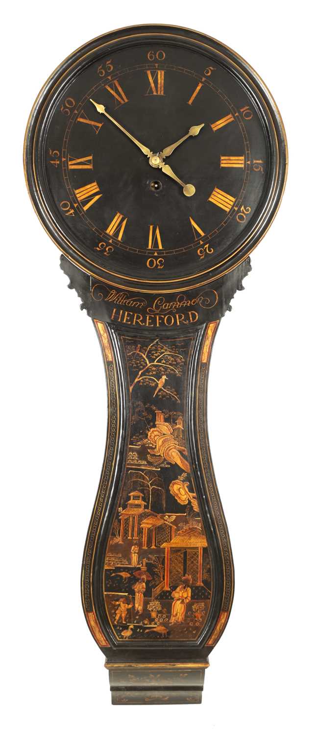 Lot 920 - WILLIAM GAMMON, HEREFORD  AN UNUSUAL GEORGE III TEAR-DROP SHAPED CHINOISERIE DECORATED TAVERN CLOCK