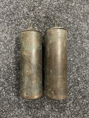 Lot 822 - A PAIR OF 18TH CENTURY BRASS CASED LONGCASE CLOCK WEIGHTS