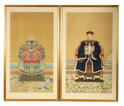 Lot 136 - A PAIR OF 19TH CENTURY CHINESE QING DYNASTY ANCESTRAL FULL LENGTH PORTRAITS