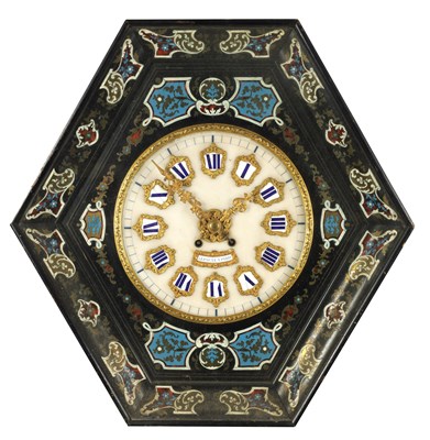 Lot 870 - A LATE 19TH CENTURY FRENCH EBONISED AND ENAMELLED BOULLE WORK  VINEYARD CLOCK