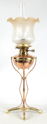 Lot 460 - W.A.S. BENSON. AN ARTS AND CRAFTS BRASS AND COPPER OIL LAMP