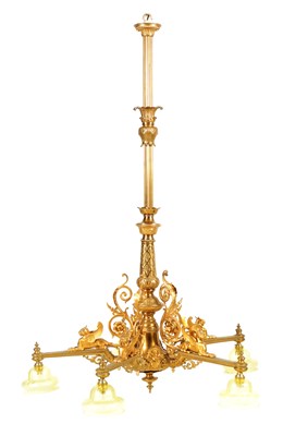 Lot 462 - AN IMPRESSIVE LATE 19TH CENTURY GILT BRASS HANGING EGYPTIAN REVIAL FIVE BRANCH LIGHT FITTING