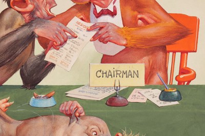 Lot 758 - CLARENCE LAWSON WOOD, RI (1878-1957)  AN ORIGINAL WATERCOLOUR AND INK CARICATURE ILLUSTRATION ENTITLED ‘BOARD ROOM’