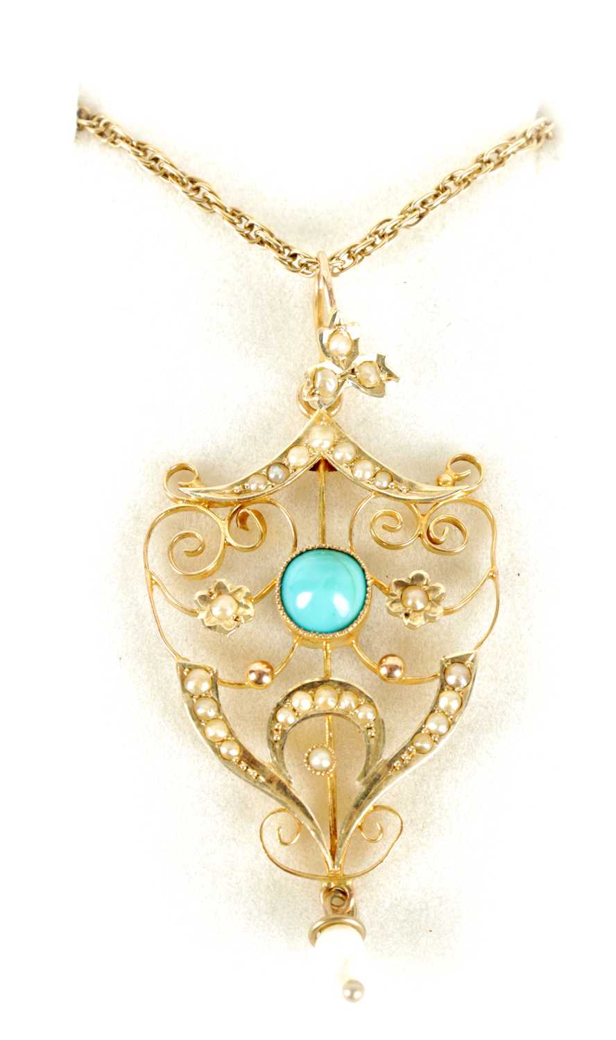 Lot 248 - A LADIES 9CT GOLD PEARL AND TURQUOISE PENDANT ON 9CT GOLD NECKLACE