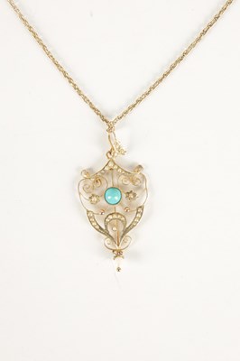Lot 248 - A LADIES 9CT GOLD PEARL AND TURQUOISE PENDANT ON 9CT GOLD NECKLACE
