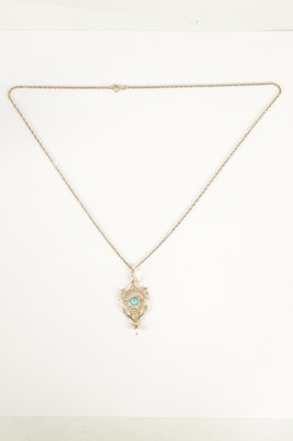 Lot 248 - A LADIES 9CT GOLD PEARL AND TURQUOISE PENDANT ON 9CT GOLD NECKLACE