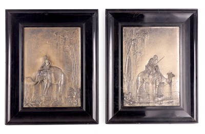 Lot 561 - A PAIR OF EARLY 20TH CENTURY GERMAN ELECTROPLATE RELIEF CAST HANGING PANELS ATTRIBUTED TO WMF