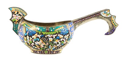 Lot 327 - A RUSSIAN SILVER-GILT AND CLOISONNE ENAMEL KOVSH