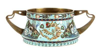 Lot 288 - A LATE 19TH CENTURY RUSSIAN SILVER AND CHAMPLEVE ENAMEL TWO HANDLED SHALLOW BOWL