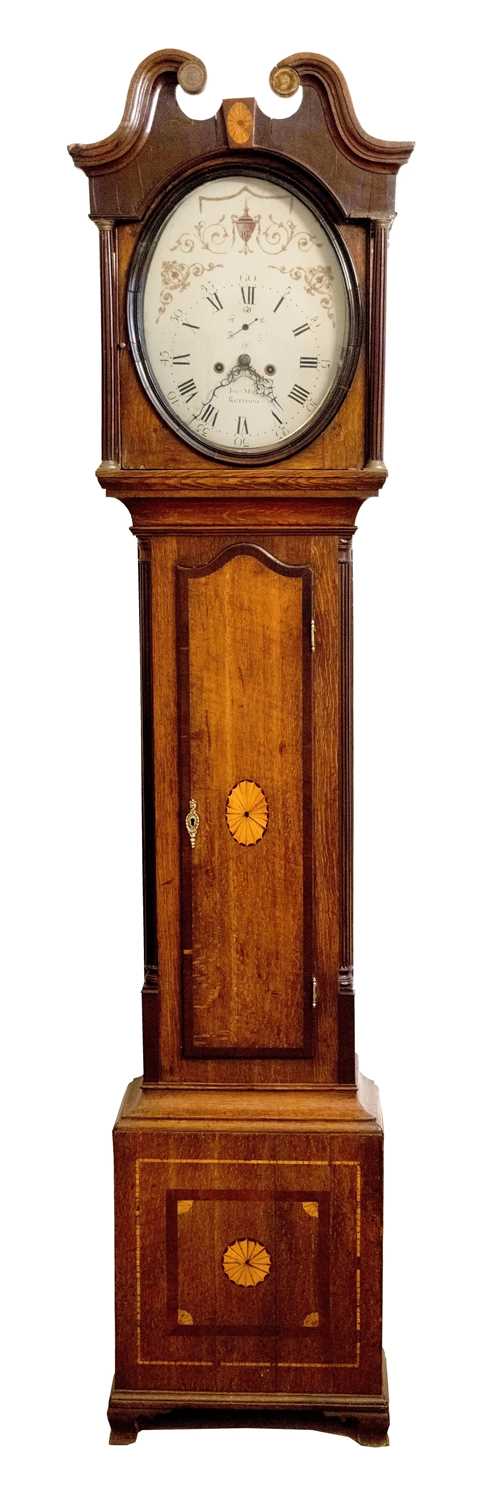 Lot 773 - JOHN MARR, RETFORD. A LATE GEORGE III OAK AND MAHOGANY OVAL DIAL LONGCASE CLOCK