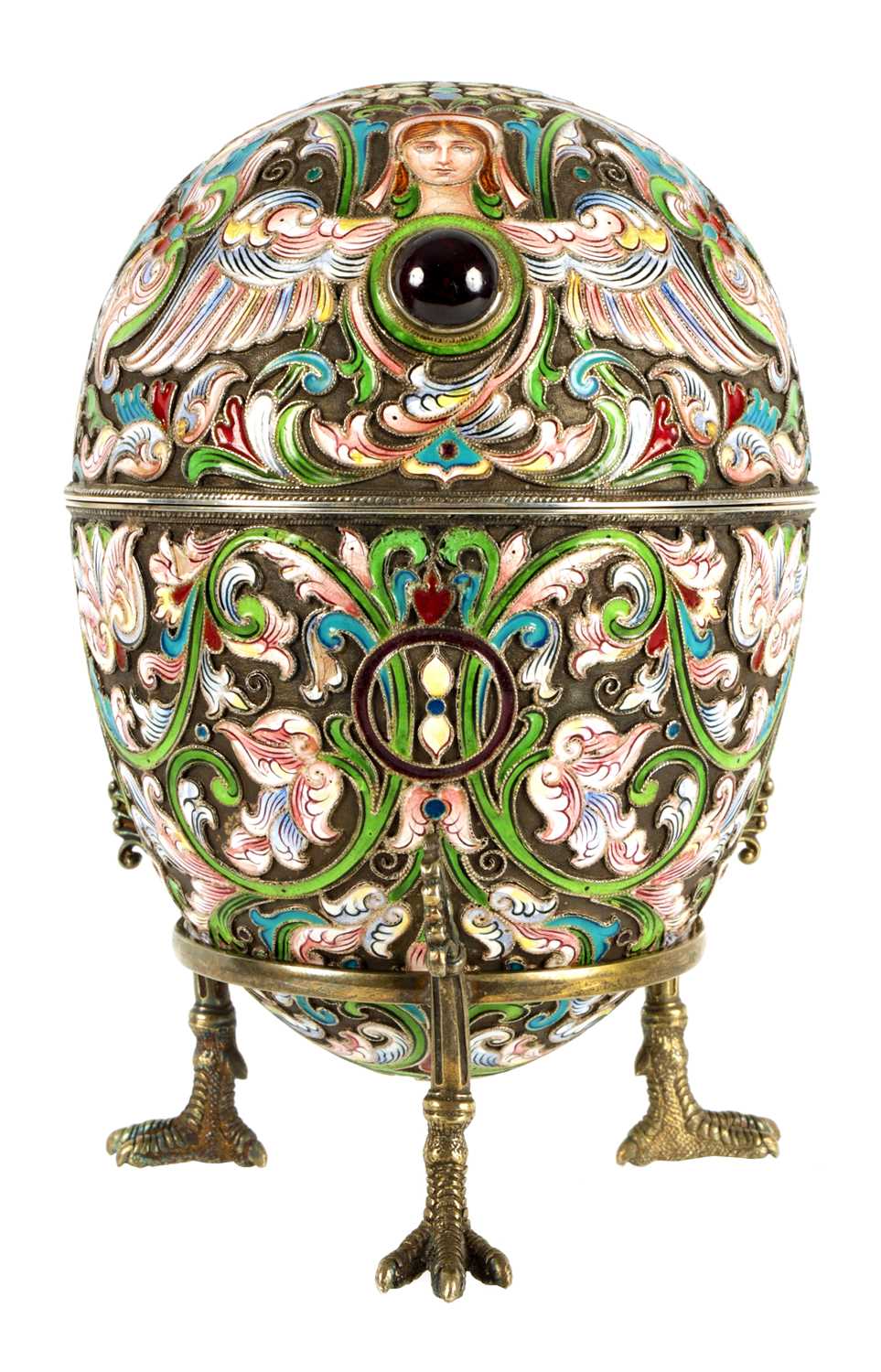 Lot 273 - A FINE EARLY 20TH CENTURY RUSSIAN RAISED ENAMEL WORK ON SILVER EGG WITH GILT INTERIOR