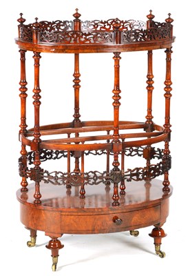 Lot 690 - A VICTORIAN BURR WALNUT CANTERBURY/WHATNOT