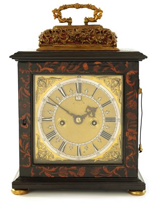 Lot 68 - NATHANIEL HODGES, IN WINE OFFICE COURT IN FLEETE STREET LONDON. A RARE JAMES I EBONY VENEERED AND MARQUETRY INLAID BASKET TOP BRACKET CLOCK